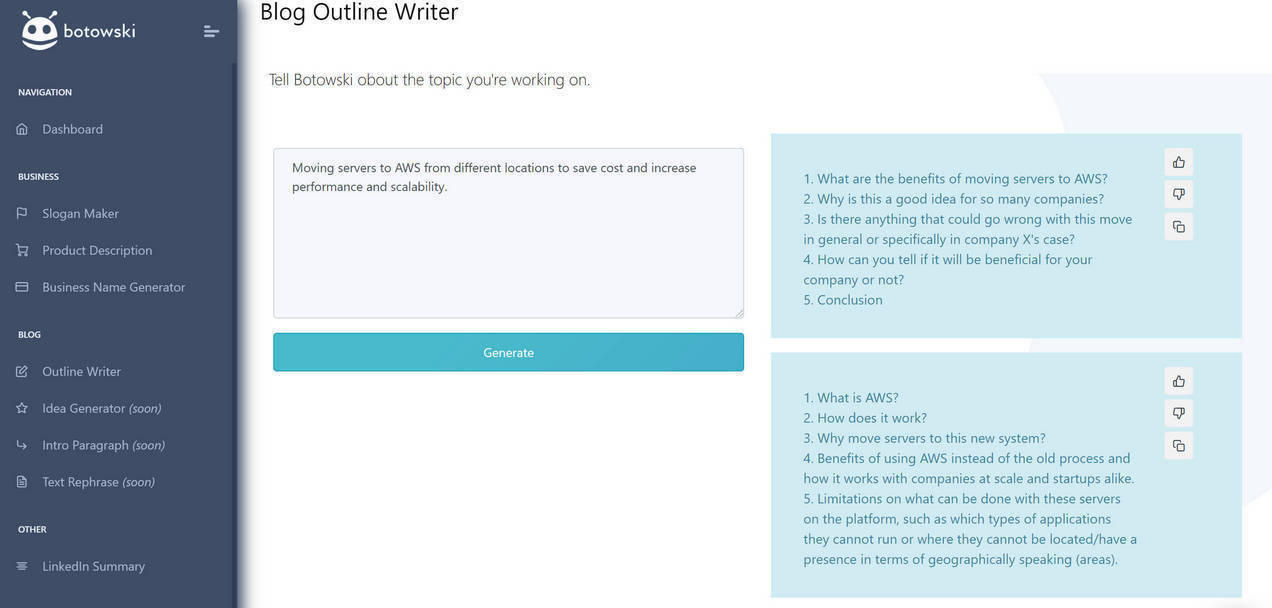 Blog outline writer interface