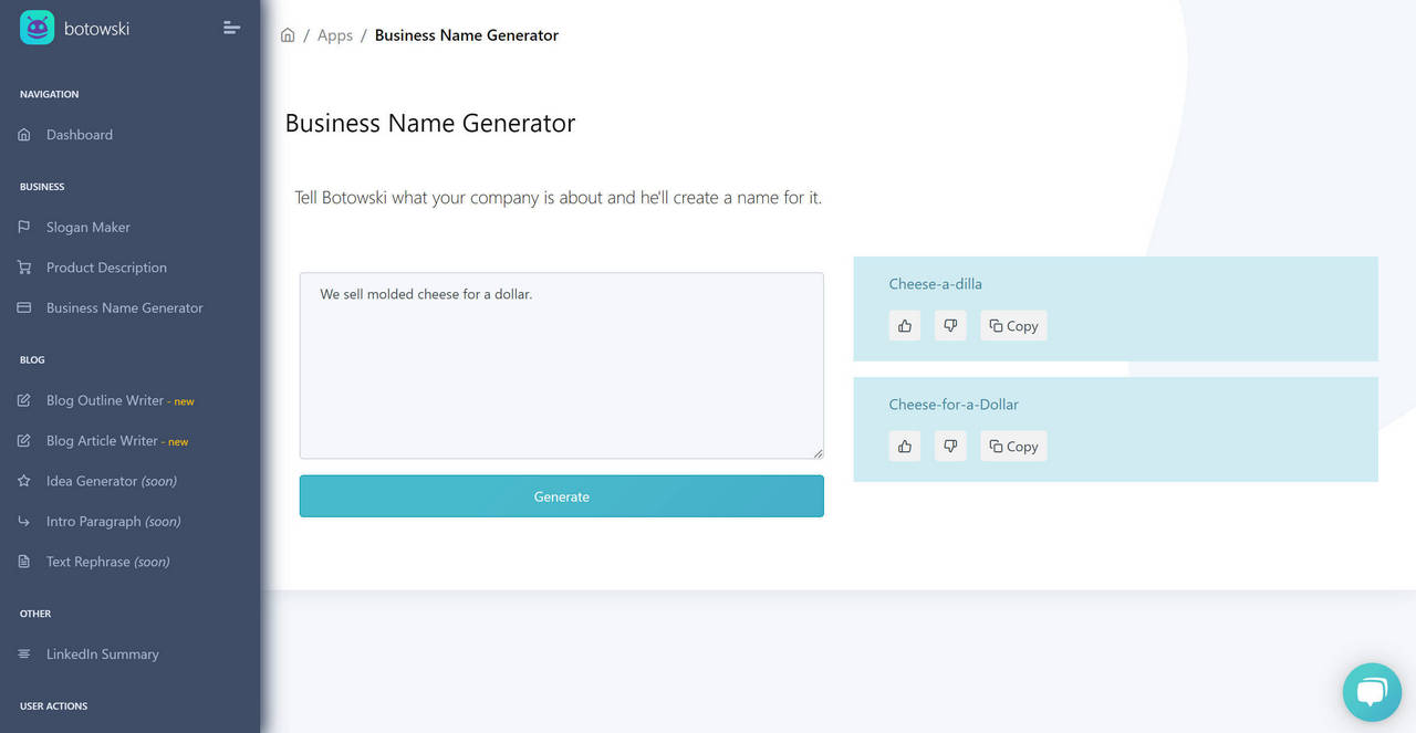 Botowski's business name creator interface